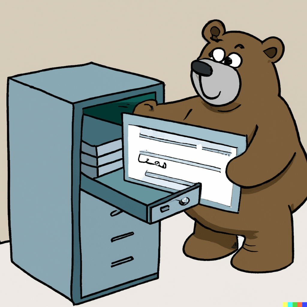 Bear putting code in a file cabinet